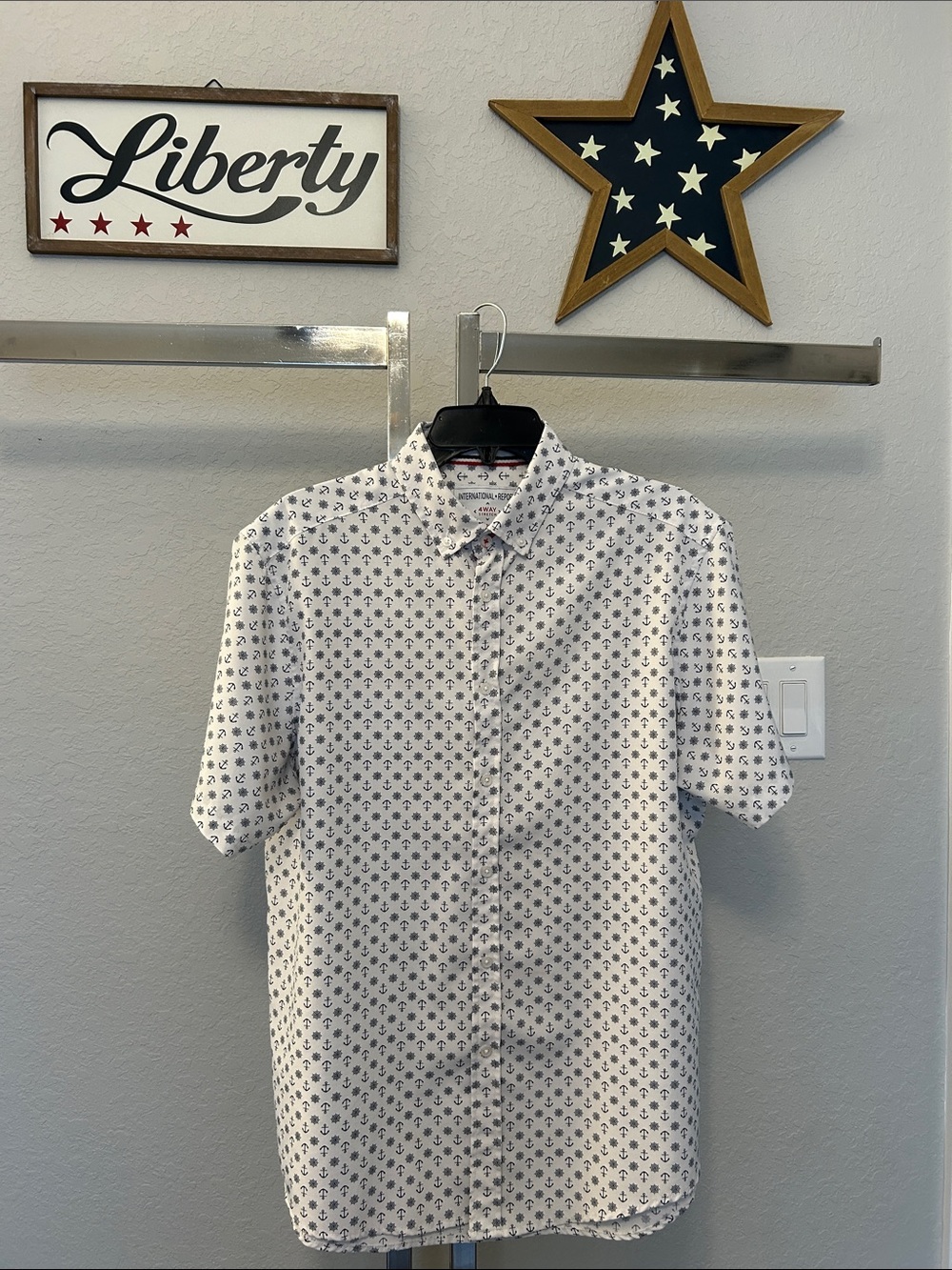 Men's Short-Sleeve Button-Down Shirt in White with Navy Print